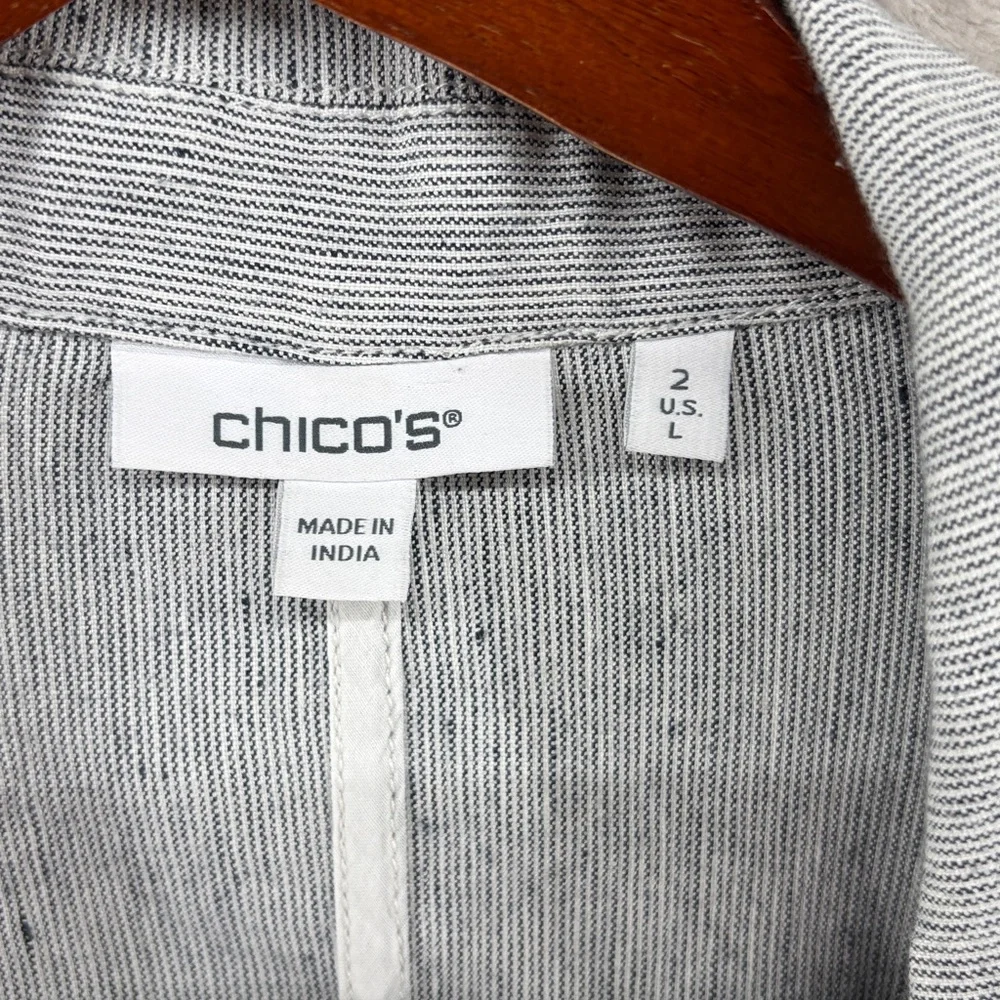 Chico's Blue & White Micro Pinstripe Linen Blend Open Jacket Size L Chico's 2 - Picture 2 of 9